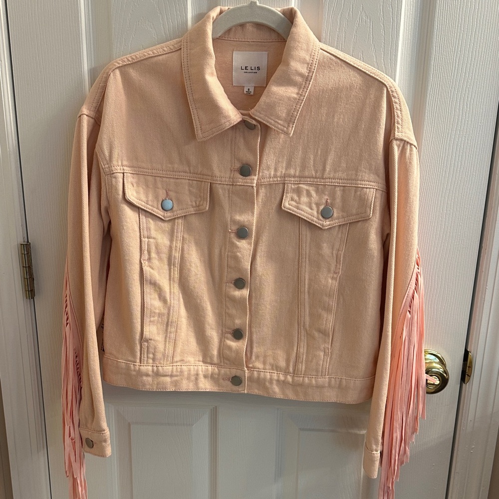 Le Lis Women's Light Pink Jean Jacket with Pink Fringe